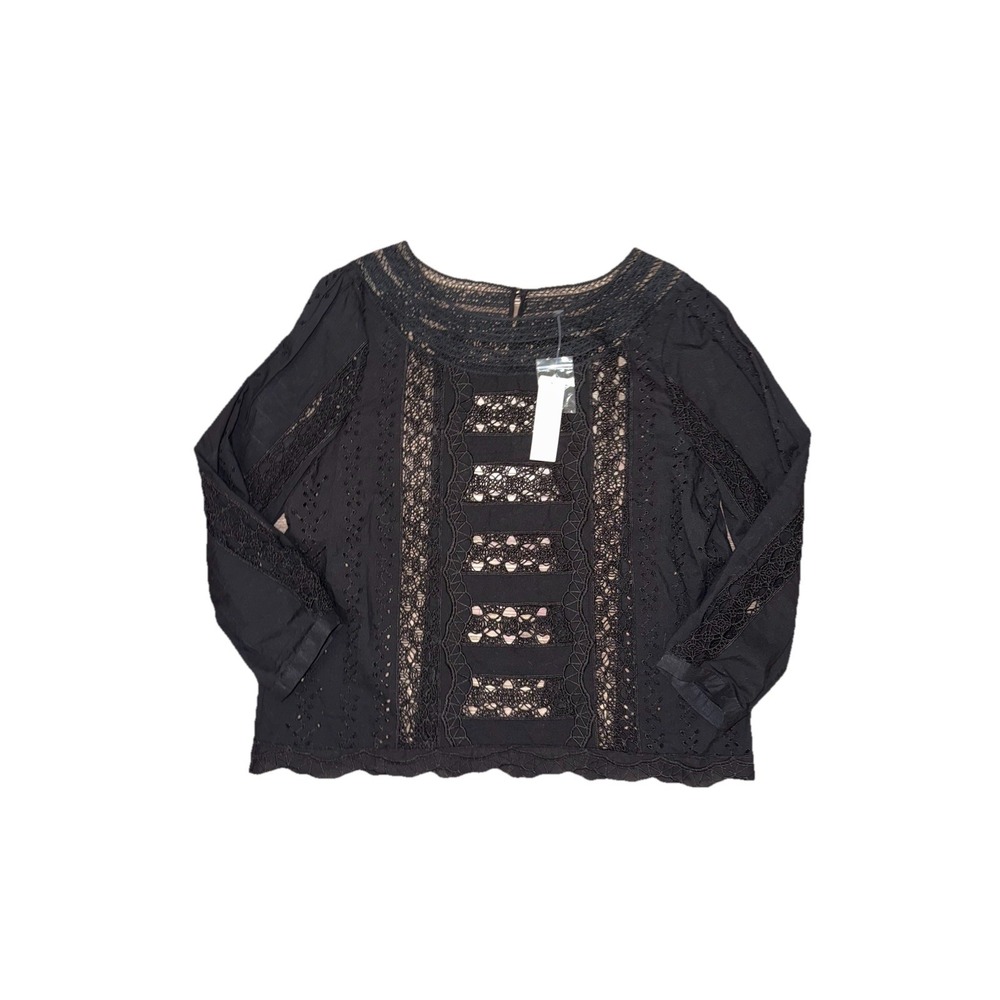 White House Black Market Black All-Over Lace 3/4 Sleeve Crochet Top Size 8 NWT